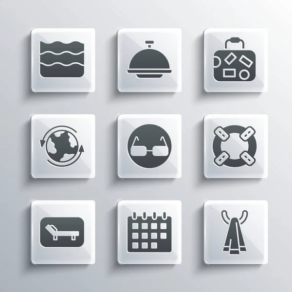 Set Calendar, Towel on hanger, Lifebuoy, Glasses, Sunbed and umbrella, Worldwide, Wave and Suitcase icon. Vector — 스톡 벡터