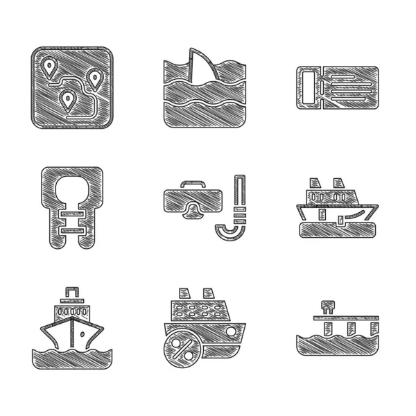 Встановити маску для дайвінгу і дихальну трубку, круїз-корабель, пляжний пірс-док, рятувальну куртку, квиток і іконку для розміщення маршрутів. Вектор — стоковий вектор