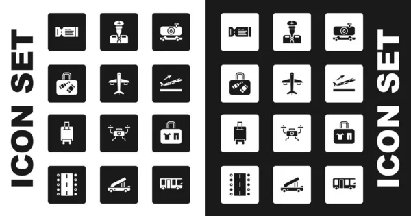 Set Brandstoftankwagen, Vliegtuig, Koffer, Vliegticket, opstijgen, Piloot, en pictogram. Vector — Stockvector