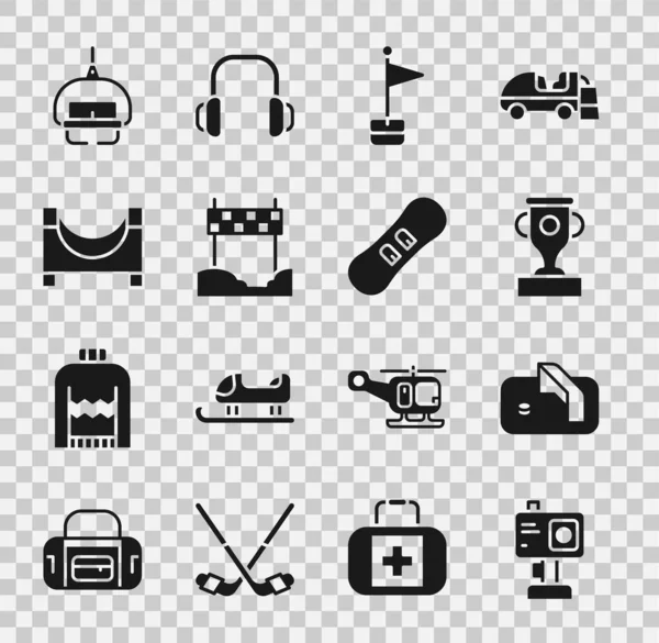 Set Action camera, Ice hockey goal, Award cup, Location marker, Ribbon in finishing line, Skate park, Ski lift and Snowboard icon. Vector — Stock Vector