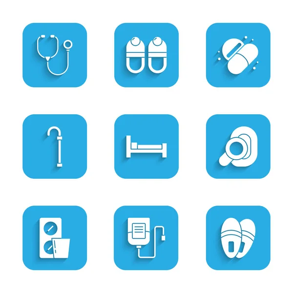 Set Bed, IV bag, Slippers, Hearing aid, Pills blister pack, Walking stick cane, Medicine pill or tablet and Stethoscope icon. Vector — Stock Vector