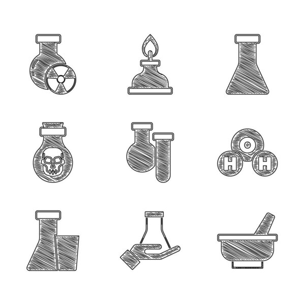 Set Test tube and flask, Mortar pestle, Chemical formula for H2O, Poison in bottle, and radiation icon. Vector