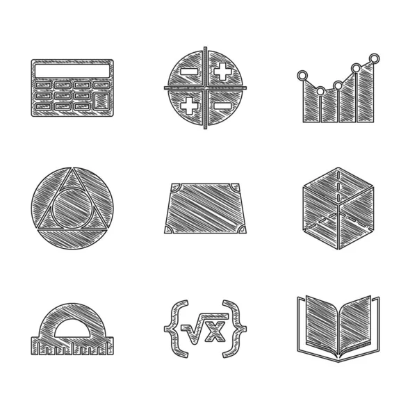 Set Forma trapezoidal aguda, raíz cuadrada del glifo x, libro abierto, figura geométrica cubo, transportador, triángulo matemático, gráfico, horario, gráfico, diagrama e icono de la calculadora. Vector — Archivo Imágenes Vectoriales