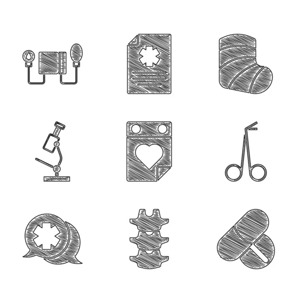 Set Doctor appointment, Human spine, Medicine pill tablet, Medical scissors, Dialogue with the doctor, Microscope, Gypsum and Blood pressure icon. Vector — Stock Vector