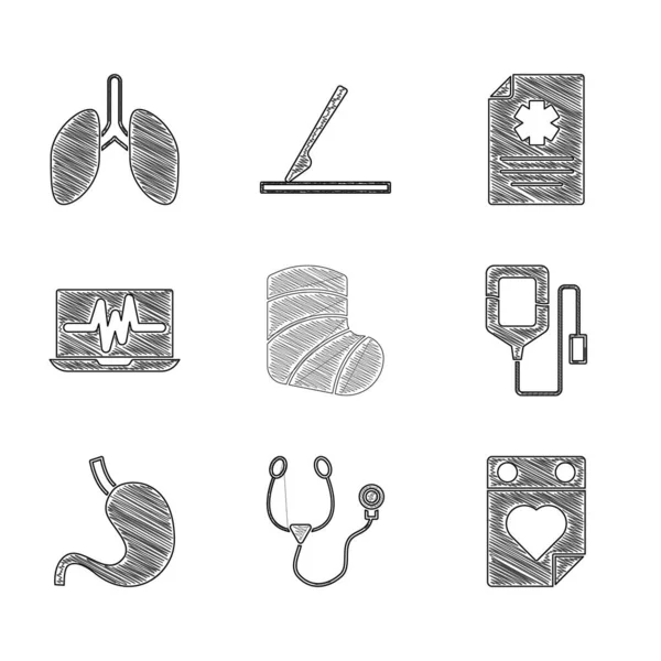 Set Gips, Stethoskop, Arzttermin, IV-Tasche, menschlicher Magen, Laptop mit Kardiogramm, klinische Aufzeichnung und Lungensymbol. Vektor — Stockvektor