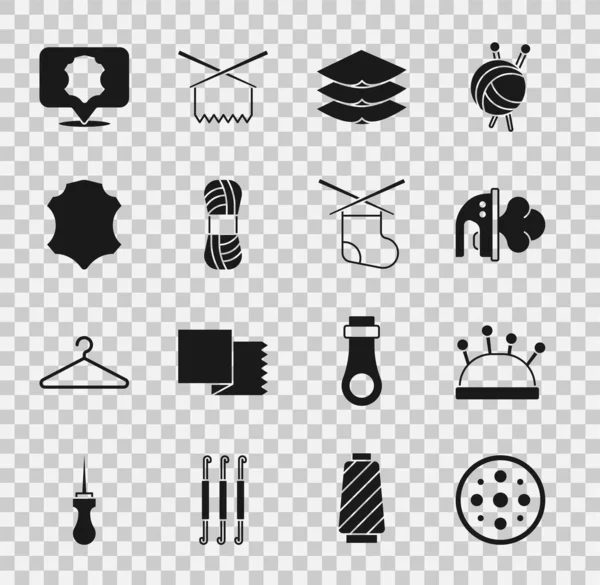 Set Botón de costura, Cama de aguja y agujas, Plancha eléctrica, Capas de ropa textil, Hilado, Cuero, y el icono de punto. Vector — Archivo Imágenes Vectoriales