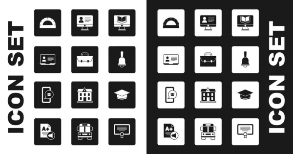 Set Clase online, Maletín, Rejilla transportadora, Timbre de timbre, Tapa de graduación e icono móvil. Vector — Vector de stock