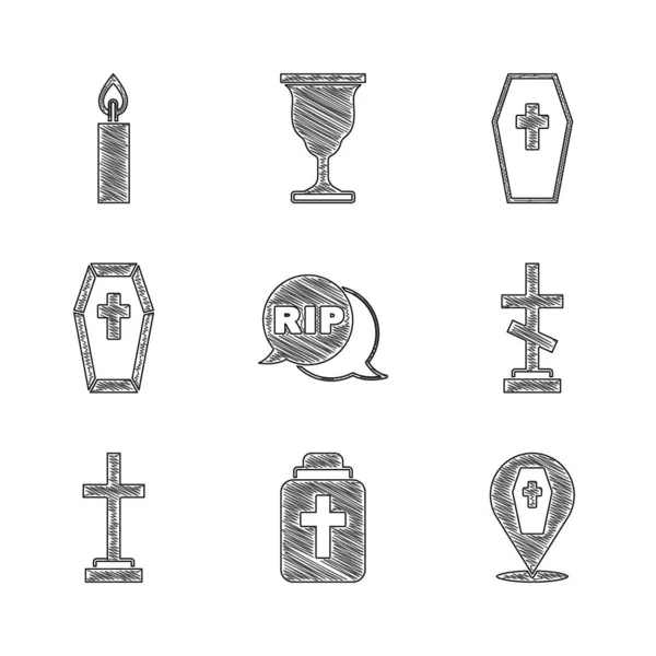 Beszédbuborék tépés halál, temetkezési urna, koporsó kereszt, sír, és égő gyertya ikon. Vektor — Stock Vector