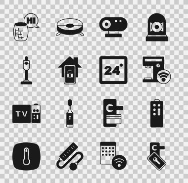 Dijital kapı kilidini, uzaktan kumandayı, akıllı kahve makinesini, web kamerasını akıllı evi, elektrikli süpürgeyi, ses asistanını ve termostat simgesini ayarlayın. Vektör
