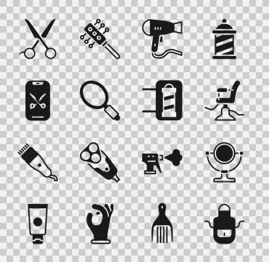 Berber önlüğü, yuvarlak makyaj aynası, berber koltuğu, saç kurutma makinesi, El, online servis platformu, makas kuaförü ve direk ikonu. Vektör