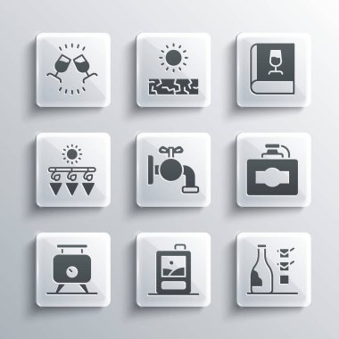 Şarap, şişe, fıçı için musluk, fermantasyon üzümleri, kurutma, şarap tatma, degulasyon ve ikon hakkında kitap koyun. Vektör