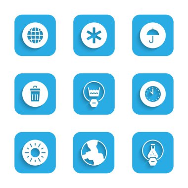 Hassas yıkama, dünya çapında, test tüpü ve matarası, saat, güneş, çöp kutusu, şemsiye ve sosyal ağ simgesi içeren teslimat paketini ayarlayın. Vektör