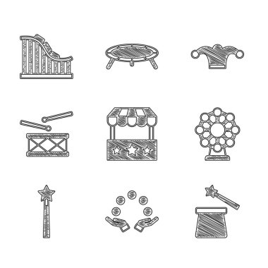 Bilet gişesi, hokkabazlık topu, sihirli şapka ve değnek, dönme dolap, bagetli davul, Jester çanları ve Roller coaster ikonu. Vektör