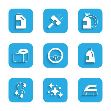Robot elektrikli süpürge, ev temizleme servisi, fırça, şişe, sünger, tuvalet kağıdı rulosu, bulaşık deterjanı ve ikon hazırla. Vektör