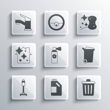 Temizlik acentesi, çöp kovası, oda spreyi şişesi, elektrikli süpürge, ev servisi, su musluğu ve sünger ikonu için set seti. Vektör