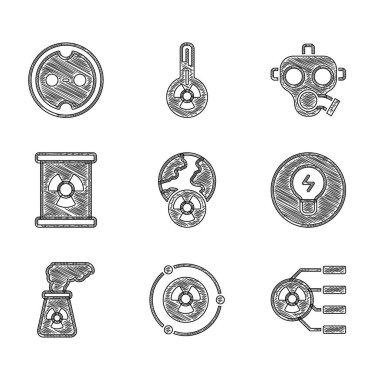 Yeryüzünü, radyasyonu, Radyoaktif 'i, fikir kavramına sahip ampulü, nükleer enerji santralini, varildeki atıkları, gaz maskesini ve elektrik çıkış ikonunu ayarla. Vektör
