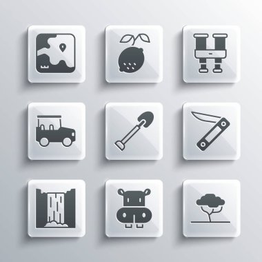 Hippo ya da Hippopotam, Afrika ağacı, İsviçre çakısı, Kürek, Şelale, Safari arabası, safari haritası ve dürbün ikonu. Vektör