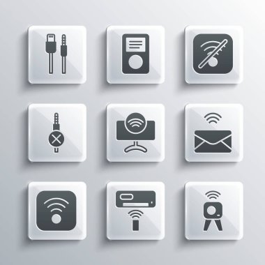 Klimayı ayarla, web kamerası, e-posta, akıllı televizyon, kablosuz internet, ses bağlantısı yok, USB kablo kablosu ve simge. Vektör