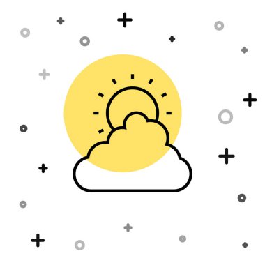 Siyah çizgi güneşi ve bulutlu hava durumu ikonu beyaz arkaplanda izole edildi. Rastgele dinamik şekiller. Vektör