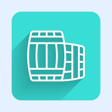 Beyaz çizgi ahşap varil ikonu uzun gölge arkaplanı ile izole edilmiş. Alkol fıçısı, içki kabı, bira için tahta fıçı, viski, şarap. Yeşil kare düğmesi. Vektör