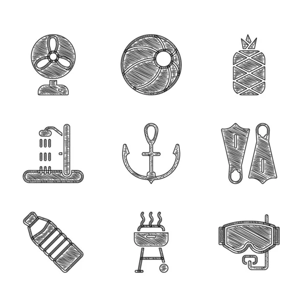 Set Anchor, Barbecue grill, Diving mask, Rubber flippers for swimming, Bottle of water, Beach shower, Pineapple and Electric fan icon. Vector — Stock Vector