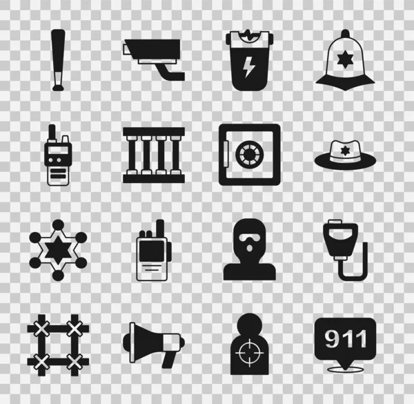 Telefoon instellen 911, Walkie talkie, Sheriff hoed met badge, Politie elektrische schok, Gevangenis venster, honkbalknuppel en Safe pictogram. Vector — Stockvector