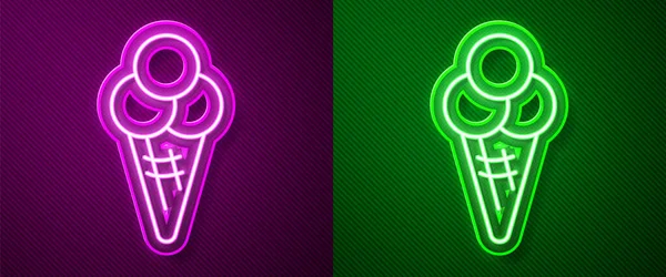 Glowing neon line Ice cream in waffle cone icon isolated on purple and green background. Sweet symbol. Vector — Stock Vector