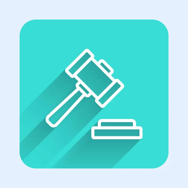 White line Judge gavel icon isolated with long shadow background. Gavel for adjudication of sentences and bills, court, justice. Auction hammer. Green square button. Vector — Stock Vector