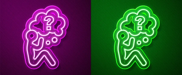 Linea neon incandescente Testa umana con icona a punto interrogativo isolata su sfondo viola e verde. Vettore — Vettoriale Stock