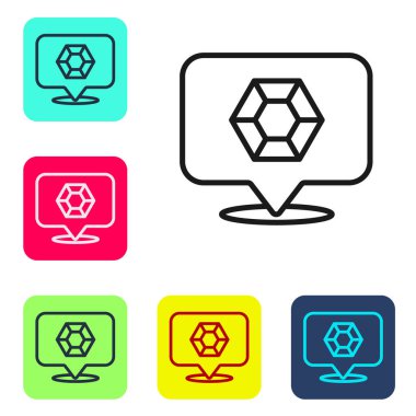 Siyah çizgi taşı simgesi beyaz arkaplanda izole edilmiş. Mücevher sembolü. Elmas. Renkli kare düğmelerle simgeleri ayarla. Vektör