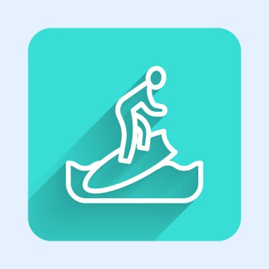 Beyaz çizgi sörf tahtası simgesi uzun gölge arkaplan izole. Sörf tahtası. Olağanüstü bir spor. Spor malzemeleri. Yeşil kare düğmesi. Vektör