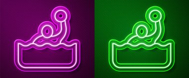 Parlayan neon hattı. Mor ve yeşil arkaplanda izole edilmiş su polosu ikonu. Vektör