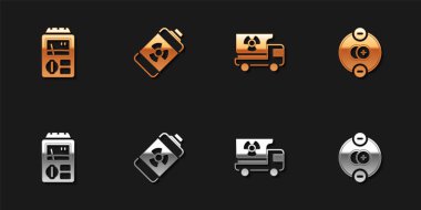 Dozimetreyi, nükleer enerji bataryasını, radyasyon materyalli kamyoneti ve atom simgesini ayarla. Vektör