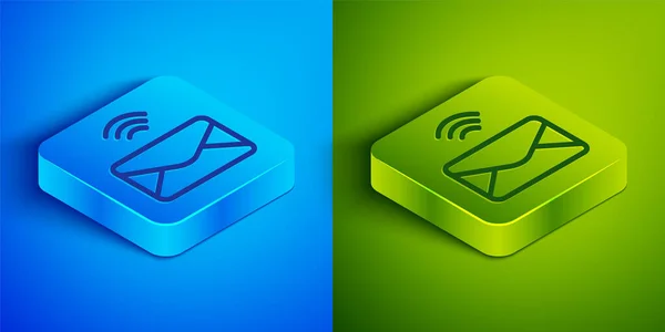 Isométrique ligne Mail et e-mail icône isolée sur fond bleu et vert. E-mail du symbole de l'enveloppe. Signe de message électronique. Bouton carré. Vecteur — Image vectorielle