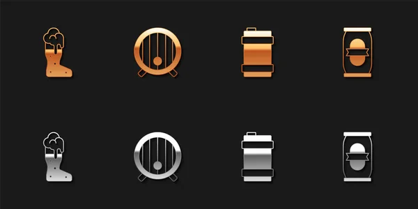 Set Boot beer glass, Wooden barrel, Metal keg and Beer can icon. Vector — Stock Vector