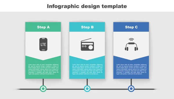 Definir rede LTE, Rádio e sistema de fones de ouvido inteligentes. Modelo de infográfico de negócios. Vetor — Vetor de Stock