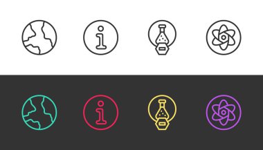 Hat dünya çapında, bilgi, test tüpü ve matara ve siyah beyaz üzerine ayarlayın. Vektör