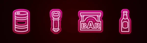 Set line Metal beer keg, Bottle opener, Street signboard with Bar and Beer bottle. Glowing neon icon. Vector — Stock Vector