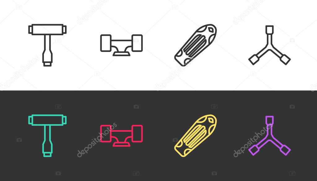 Set line Skateboard T tool, wheel, deck and Y-tool on black and white. Vector