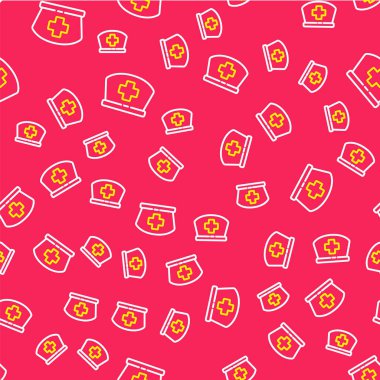 Çizgi hemşiresi şapkası ve çapraz ikon kırmızı arka planda izole edilmiş kusursuz desen. Tıp hemşiresi şapkası işareti. Vektör