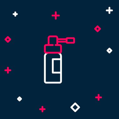 Mavi arka planda izole edilmiş burun ve boğaz ikonu hastalıklarının tedavisinde kullanılan hortum spreyli çizgi tıbbi şişesi. Renkli taslak konsepti. Vektör