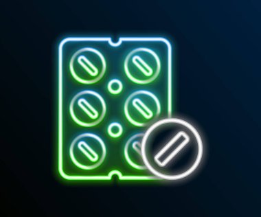 Parlayan neon çizgisi hapları siyah arka planda izole edilmiş. İlaç paketi. Tablet, vitamin, antibiyotik, aspirin. Renkli taslak konsepti. Vektör