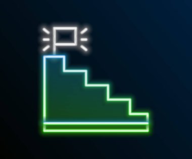 Bitiş bayrağı simgesi siyah arkaplanda izole edilmiş parlak neon hattı merdiven. Kariyer gelişimi konsepti. İş geliştirme kavramı. Renkli taslak konsepti. Vektör