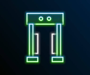 Parlayan neon hattı metal dedektörü simgesi siyah arkaplanda izole edildi. Havaalanı güvenlik görevlisi metal dedektör kontrol noktasında. Renkli taslak konsepti. Vektör