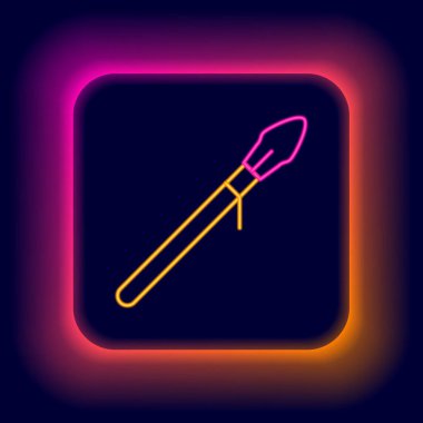 Parlayan neon hattı Ortaçağ mızrak simgesi siyah arkaplanda izole edildi. Ortaçağ silahı. Renkli taslak konsepti. Vektör