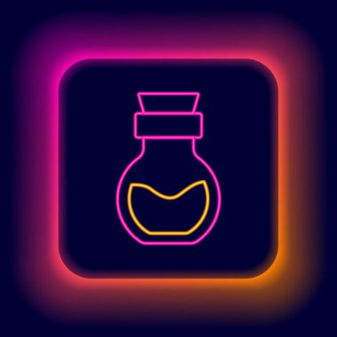 Şişedeki parlak neon çizgisi zehri siyah arka planda izole edilmiş. Bir şişe zehir ya da zehirli kimyasal toksin. Renkli taslak konsepti. Vektör