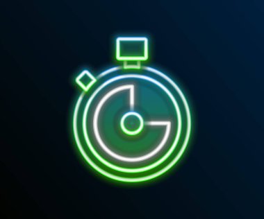 Parlayan neon hattı Stopwatch simgesi siyah arkaplanda izole edildi. Zaman göstergesi. Kronometre işareti. Renkli taslak konsepti. Vektör
