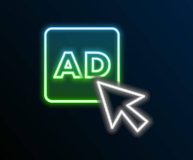 Parlayan neon hattı reklam simgesi siyah arkaplanda izole edildi. Pazarlama ve tanıtım süreci kavramı. İlgili reklamlar. Sosyal medya reklamcılığı. Renkli taslak konsepti. Vektör