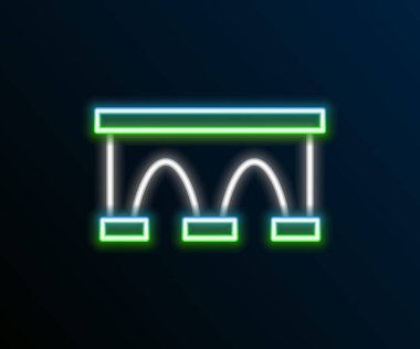 Tren simgesi için parlayan neon hattı köprüsü siyah arkaplanda izole edildi. Renkli taslak konsepti. Vektör