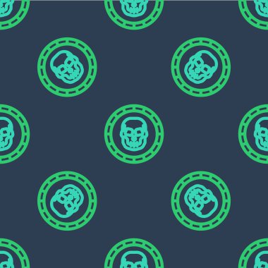 Hat Korsan madeni para ikonu mavi arka planda kusursuz desen izole etti. Vektör